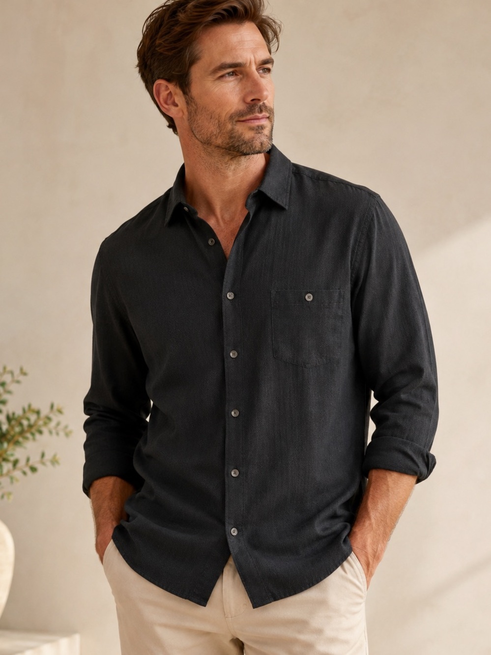 Silk Cotton Herringbone Button Up Shirt Black